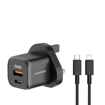 PORODO DUAL PORT WALL CHARGER WITH C TO LIGHTNING CABLE